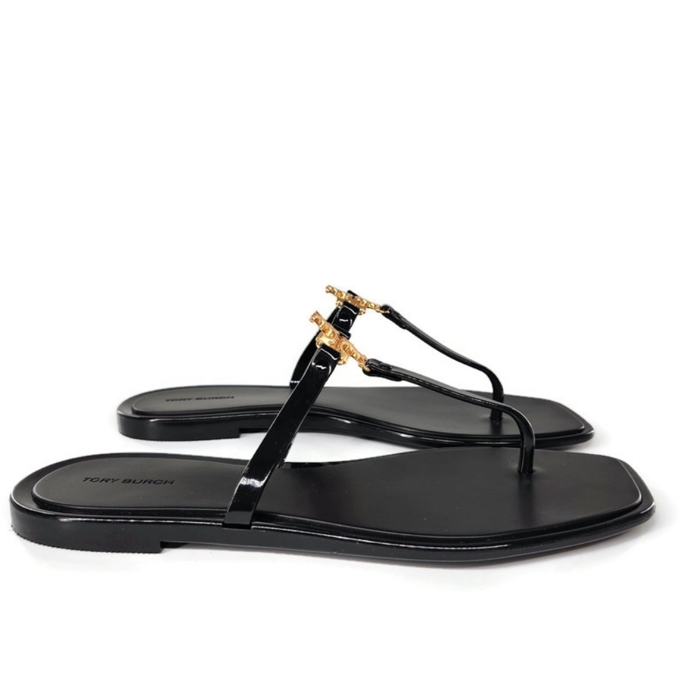 Tory Burch Roxanne Black Jelly Gold Double T Logo T-Strap Slide-On Thong Sandals - Picture 6 of 9